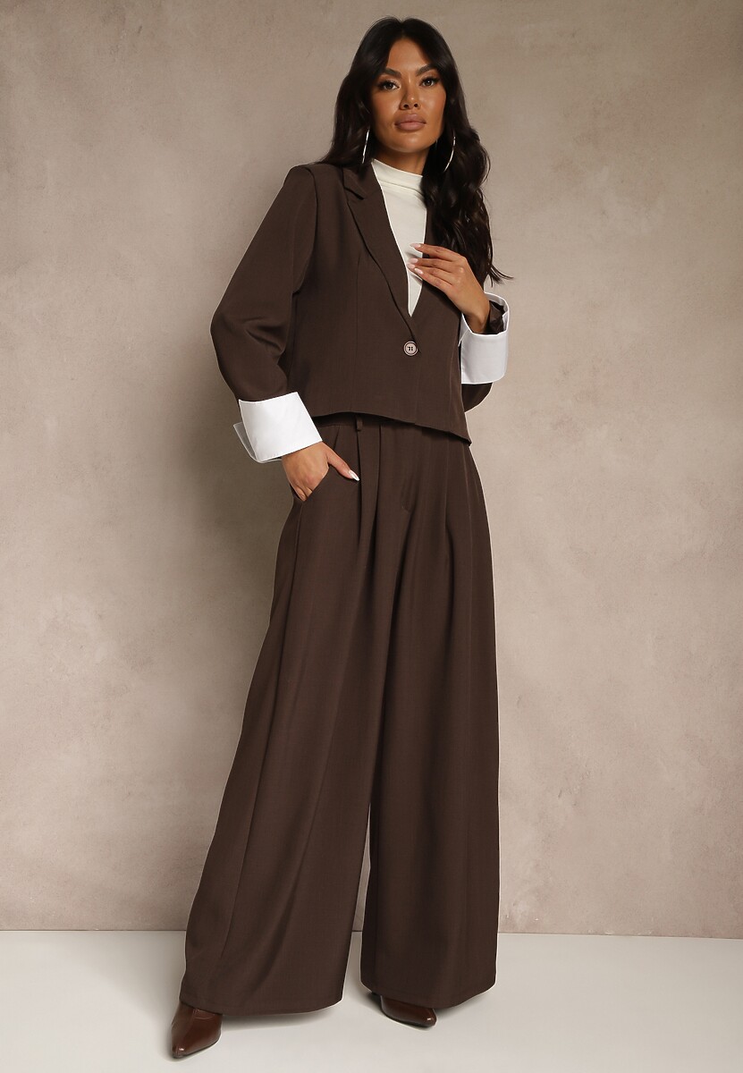 Ciemnobrązowy Garniturowy Komplet Marynarka i Spodnie z Kontrastującymi Zdobieniami Davirielle