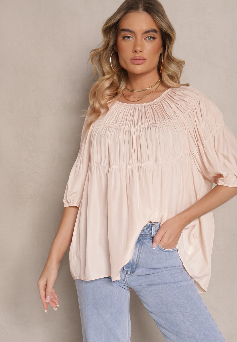 Jasnoróżowa Bluzka z Wiskozą o Fasonie Oversize z Gumkami w Ramionach Alirona