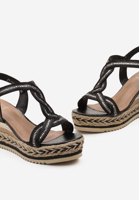 Czarne Sandały na Podeszwie i Koturnie z Plecionki Ozdobione Cyrkoniami Perallia