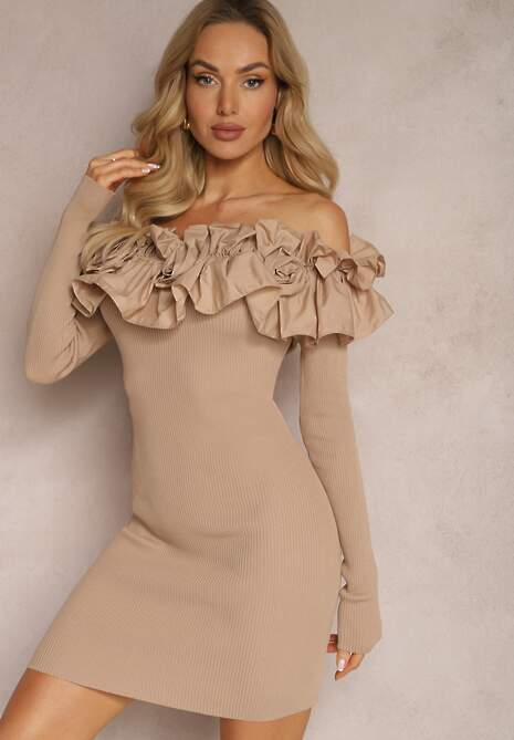 Beżowa Hiszpanka Sukienka Mini z Falbankami i Kwiatami Balinorre