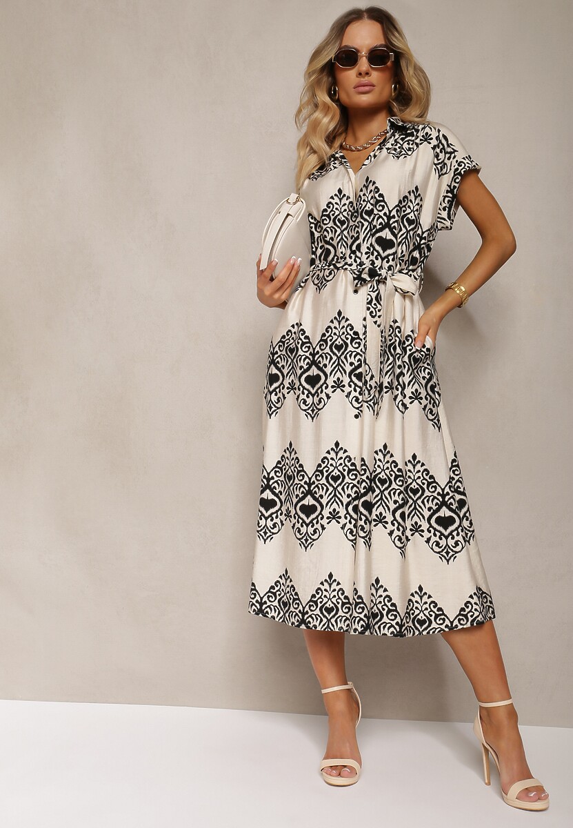 Beżowo-Czarna Sukienka Boho na Guziki z Wiskozą Ozdobiona Paskiem Mosofia