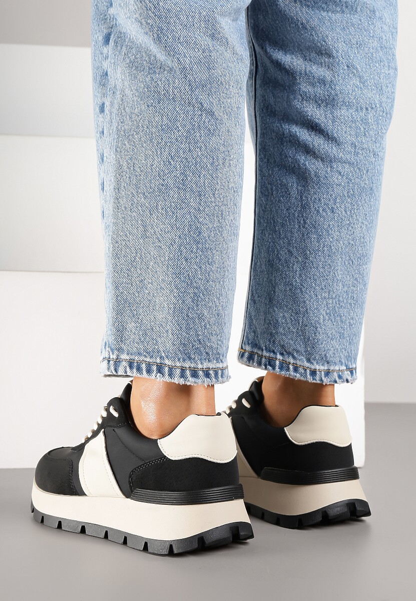 Czarno-Beżowe Sneakersy na Platformie z Tłoczeniem Tillivalle