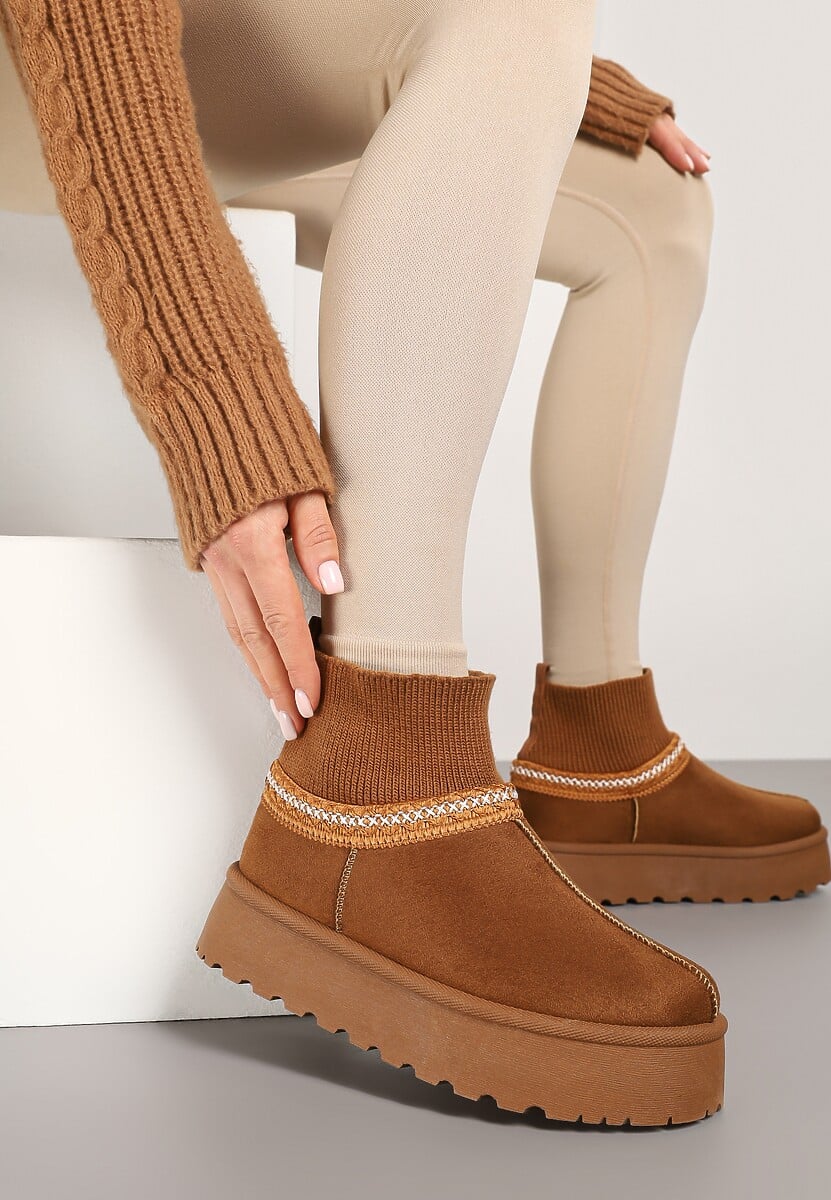 Brązowe Śniegowce na Platformie ze Skarpetową Cholewką Erevelis