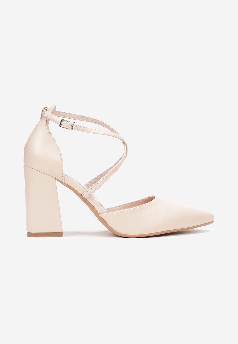 Beżowe Czółenka na Słupku ze Sprzączką i Szpiczastym Noskiem Crossmel