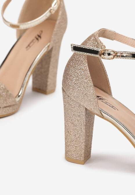 Złote Sandały na Słupku Zdobione Brokatem Aldohr