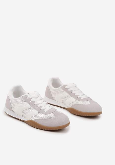 Biało-Szare Sneakersy z Geometrycznym Motywem i Plecionką Laniffia