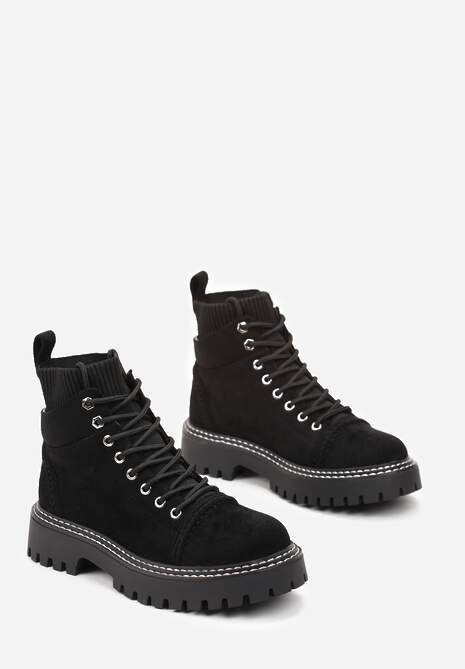 Czarne Botki Trapery z Elastycznym Ściągaczem i Sznurowaniem Raniwa