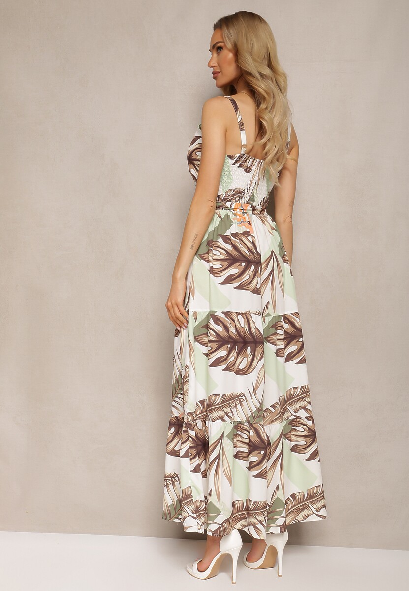 Jasnozielona Kopertowa Sukienka Rozkloszowana z Florystycznym Printem i Cienkimi Ramiączkami Jasara