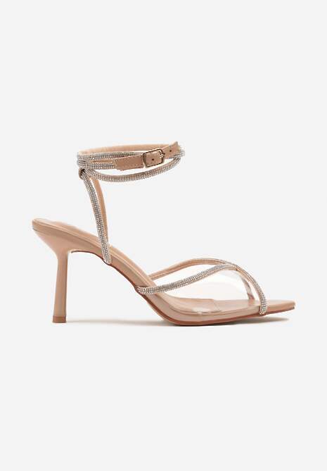 Beżowe Cyrkoniowe Sandały na Szpilce z Ozdobnymi Paskami Balaa