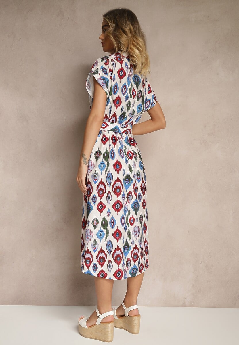 Niebieska Sukienka z Wiskozą o Koszulowym Kroju z Paskiem z Klamrą w Etno Print Jenavianea