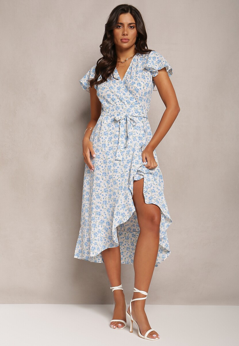 Niebieska Kopertowa Sukienka w Kwiaty Wakena