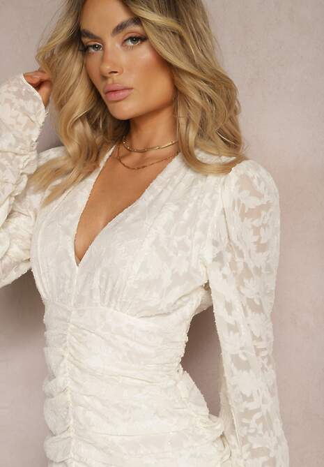 Beżowa Dopasowana Sukienka Mini z Drapowaniem i Wzorem na Siateczce Welisia