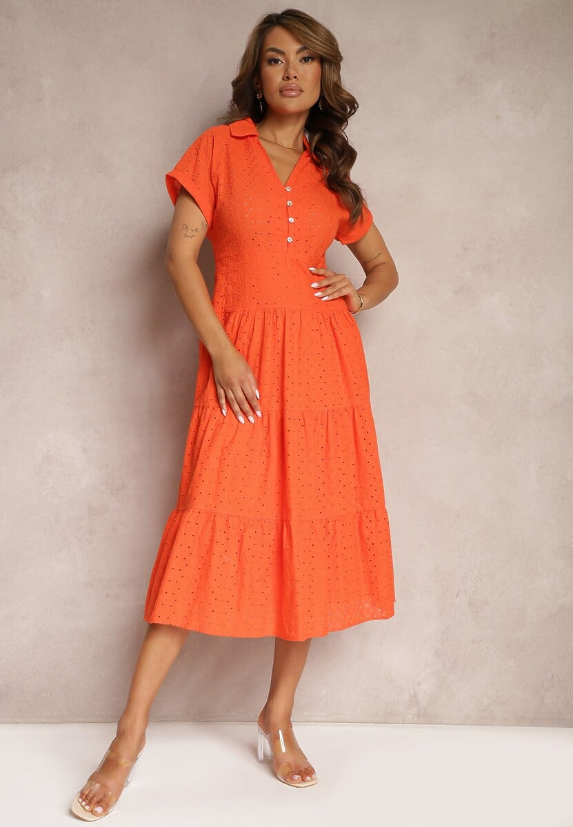 Pomarańczowa Ażurowa Sukienka z Bawełny z Krótkim Rękawem i Guzikami Obitha