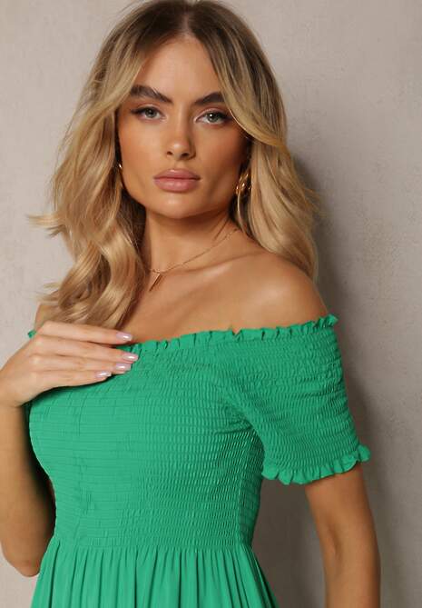 Zielona Letnia Sukienka z Bawełny o Fasonie Hiszpanki z Rozkloszowanymi Falbanami Lorania