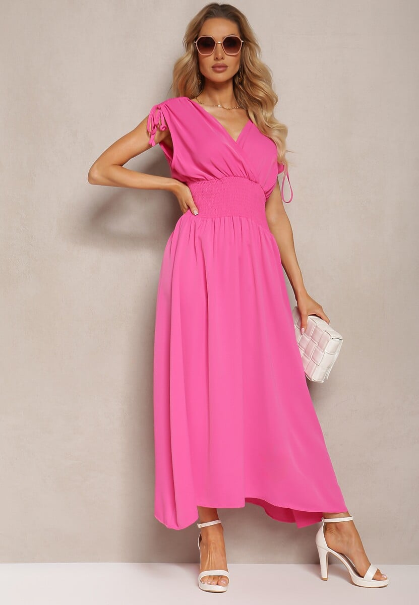 Różowa Rozkloszowna Sukienka na Cienkich Ramiączkach z Kopertowym Dekoltem Eilinestia