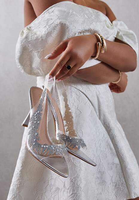 Srebrne Przezroczyste Sandały na Szpilce Vices ze Skórzaną Wkładką i Cyrkoniami Oviassa