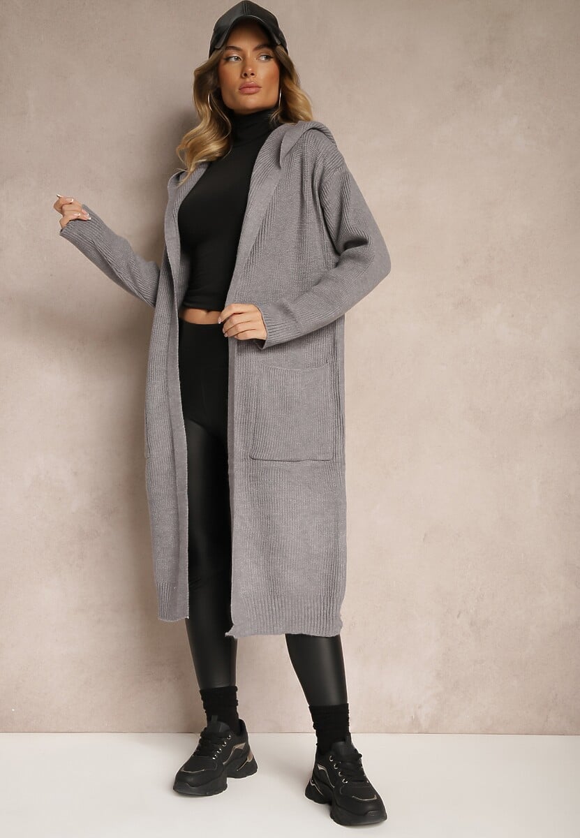 Szary Długi Kardigan Niezapinany z Bawełną Wełną Kapturem i Wsuwanymi Kieszeniami Zozira