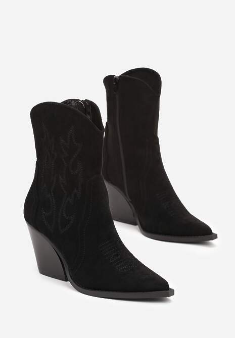 Czarne Kowbojki Botki na Stożku z Delikatnym Haftem Krisvare