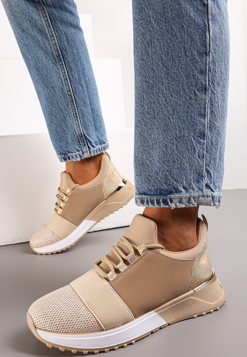 Ciemnobeżowe Sneakersy z Elastyczną Cholewką przed Kostkę i Brokatem Dalapa
