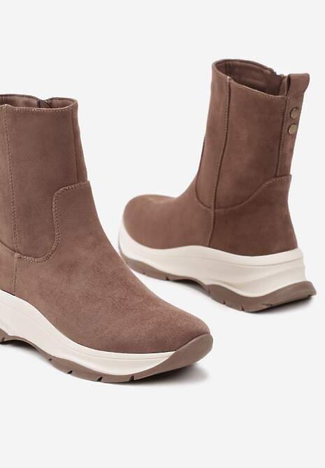 Ciemnobeżowe Streetwearowe Botki z Ekozamszu na Tłoczonej Platformie Realaeth