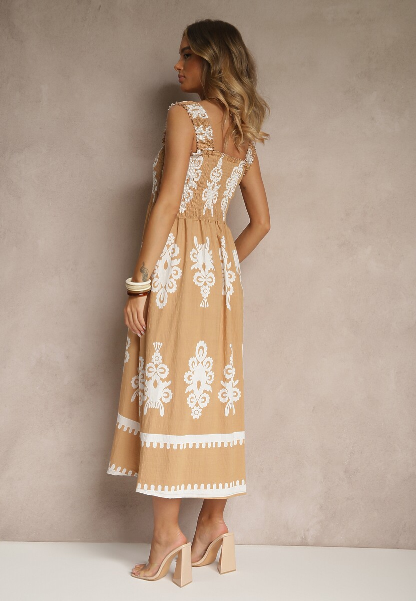 Ciemnobeżowa Rozkloszowana Sukienka z Wiskozy z Ornamentnym Motywem Aloxe