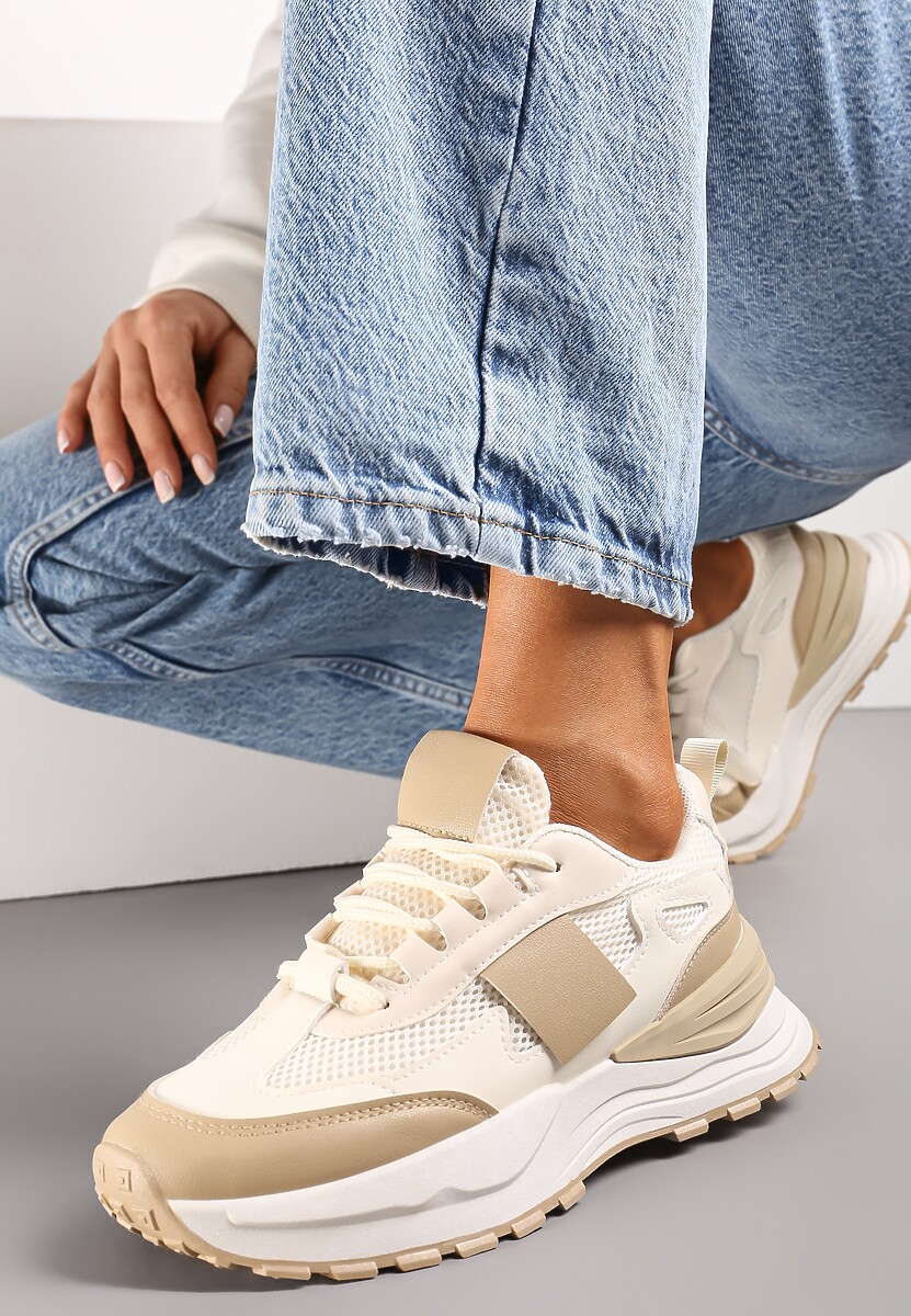 Ciemnobeżowe Sneakersy z Elastycznym Sznurowaniem i Siateczką Lenivla