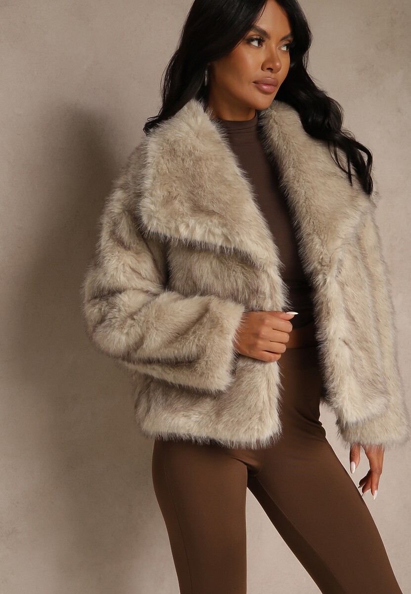 Beżowa Kurtka Futrzana Ozdobiona Kołnierzem Avelire