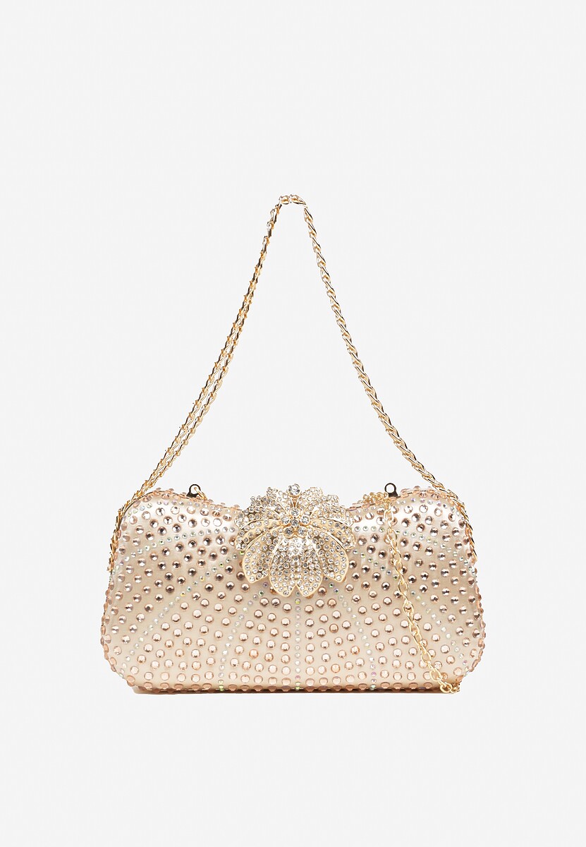 Czarna Torebka Kopertówka z Łańcuszkiem Zdobiona Cyrkoniami i Kwiatową Aplikacją Fessaluna