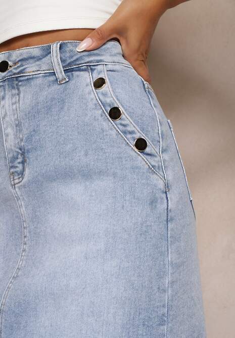 Jasnoniebieska Jeansowa Spódnica High Waist z Nitami Przy Kieszeniach Nellajoy
