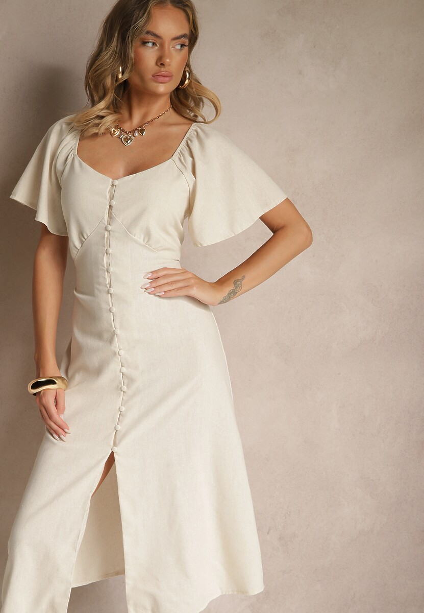 Beżowa Bawełniana Sukienka z Wiązaniem i Guzikami Kolarissa