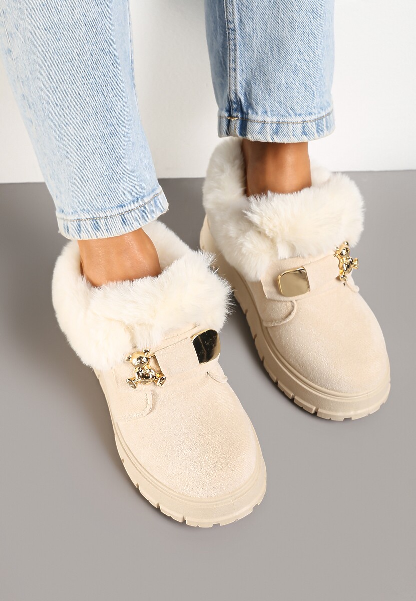 Beżowe Śniegowce na Platformie z Metaliczną Aplikacją i Klamrą Izareth