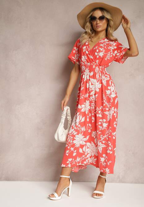 Pomarańczowo-Biała Rozkloszowana Sukienka Kopertowa z Kwiatowym Wzorem Mareal