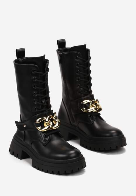 Czarne Botki o Fasonie Wysokich Workerów z Paskiem i Łańcuchem na Grubej Podeszwie Evensa