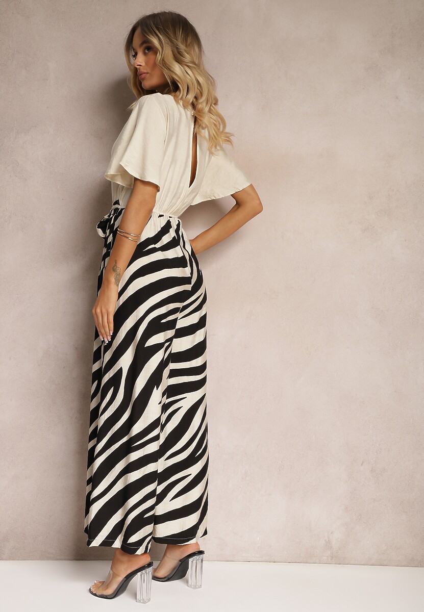 Czarno-Biały Kombinezon z Materiałowym Paskiem i Szerokimi Rękawami Nellda