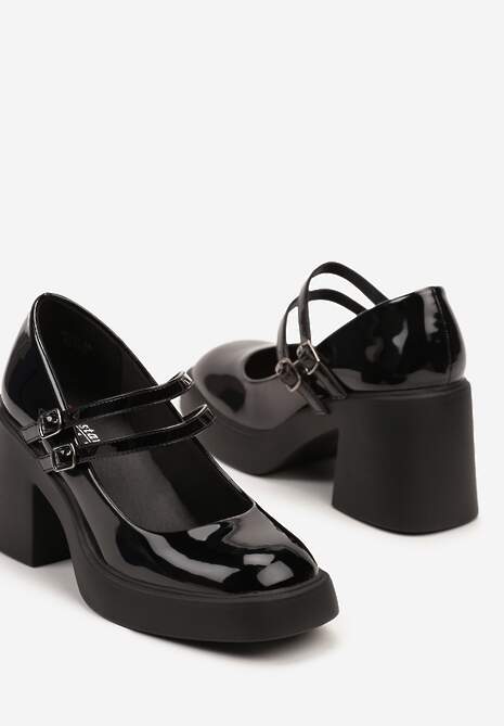 Czarne Czółenka Lakierowane na Słupku z Paskami Zakończonymi Sprzączkami Elizana