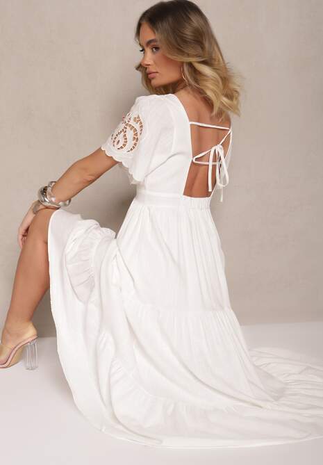 Biała Rozkloszowana Sukienka z Lnu i Wiskozy Zdobiona Wiązaniem i Haftem Avelzeri