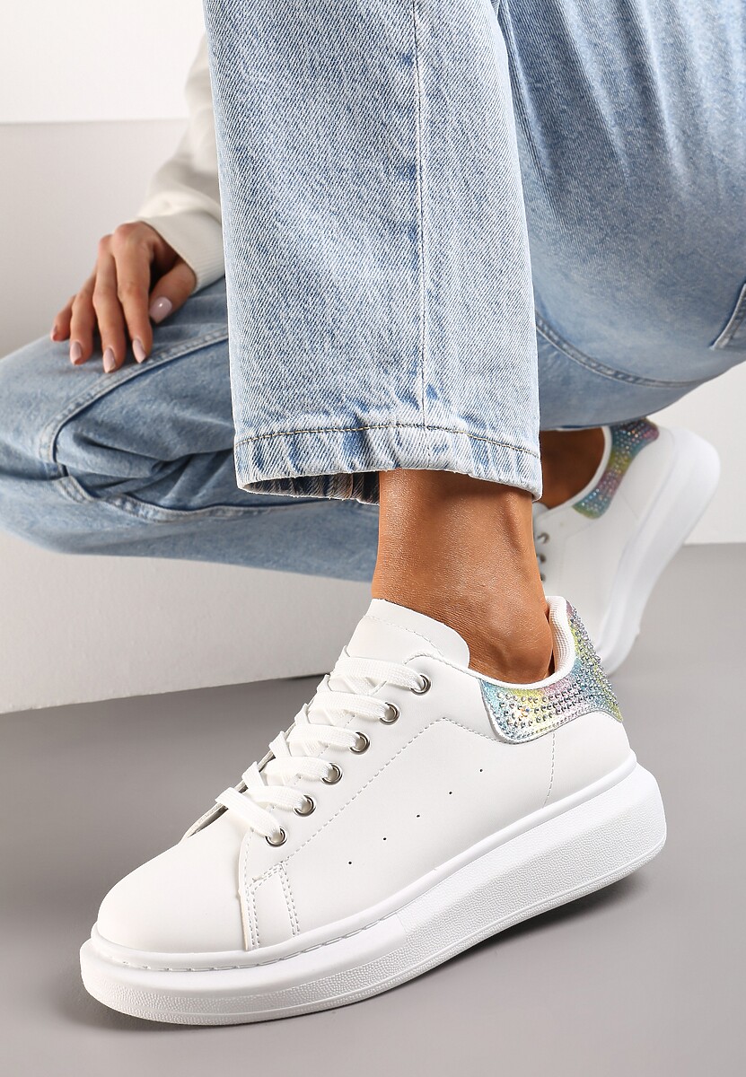 Niebieskie Sneakersy ze Wstawką z Brokatem i Cyrkoniami na Grubej Podeszwie Mimivia