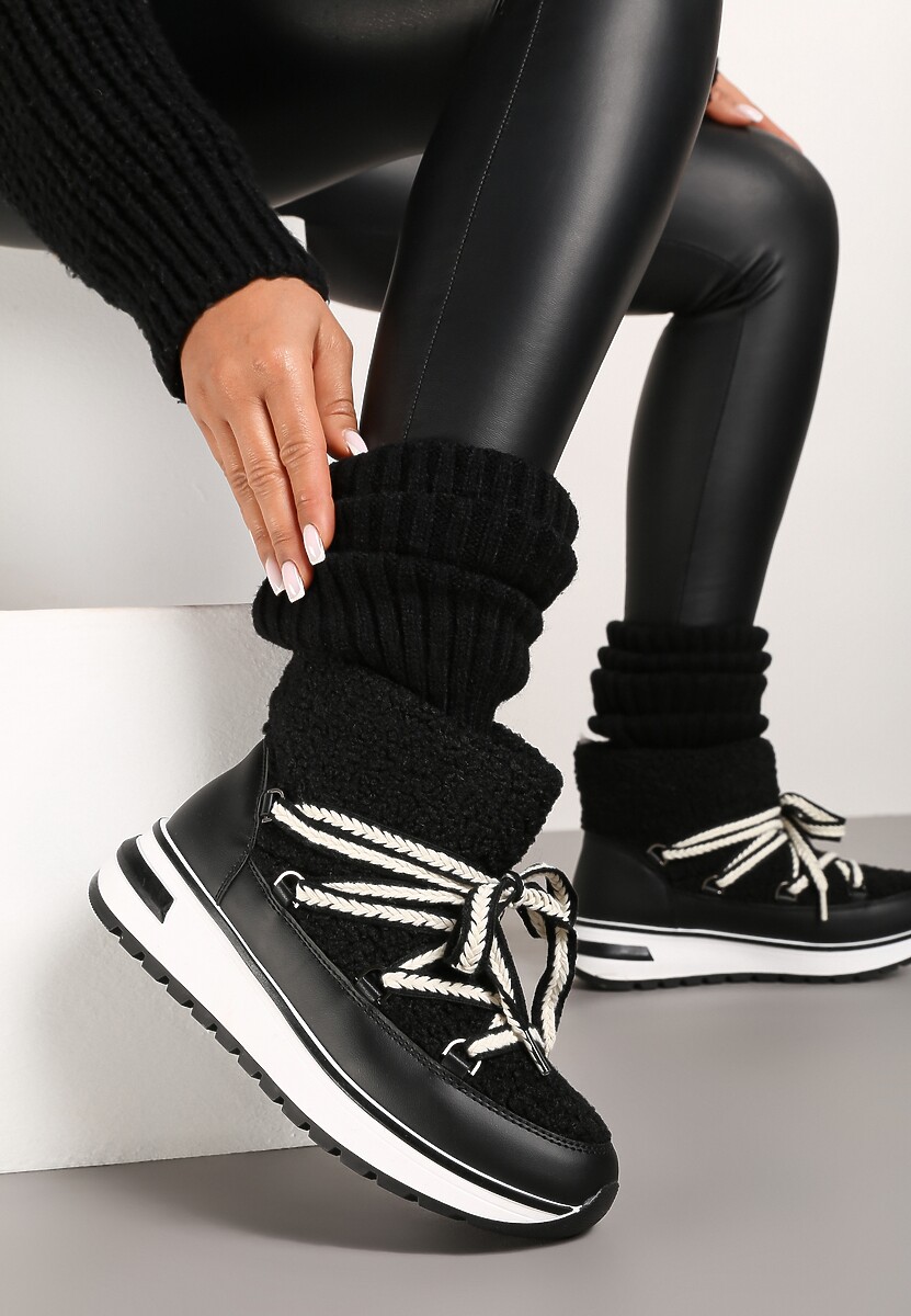 Czarne Futrzane Śniegowce ze Sznurowaniem Temivin