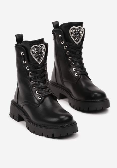 Czarne Botki Workery na Tłoczonej Platformie z Aplikacją z Cyrkoniami Ravithria