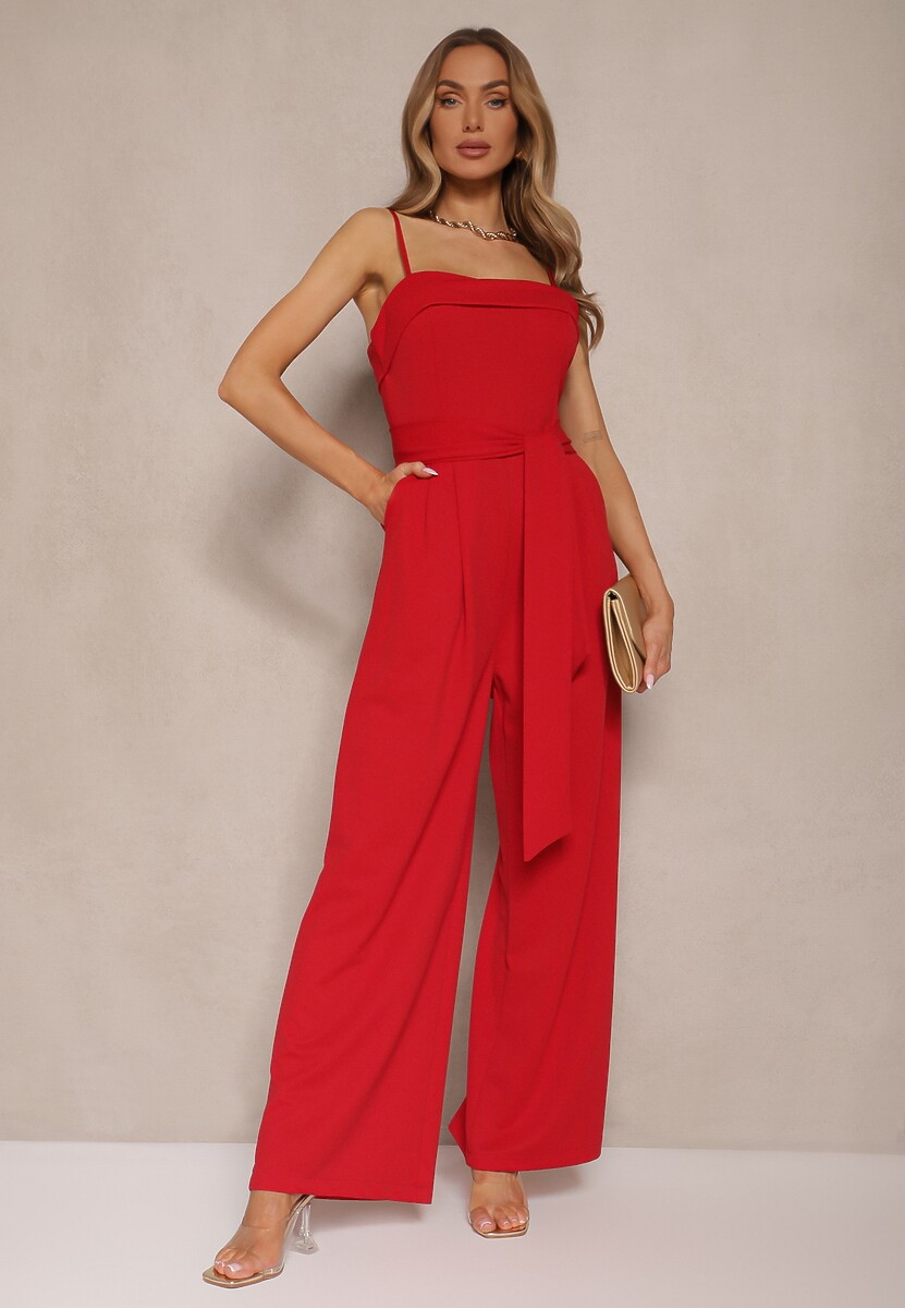 Jasnobeżowy Taliowany Kombinezon z Paskiem Desine