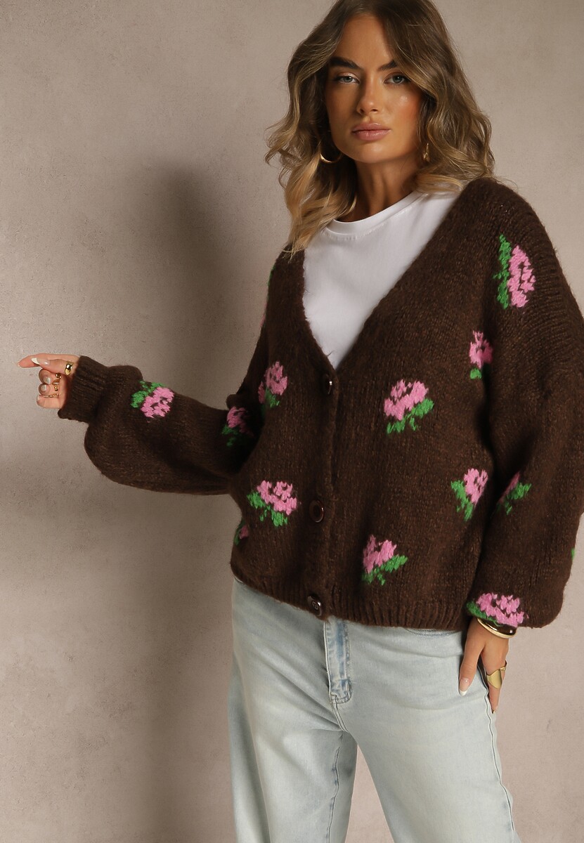 Brązowy Oversizowy Kardigan z Dodatkiem Wełny w Kwiaty Nelenesa