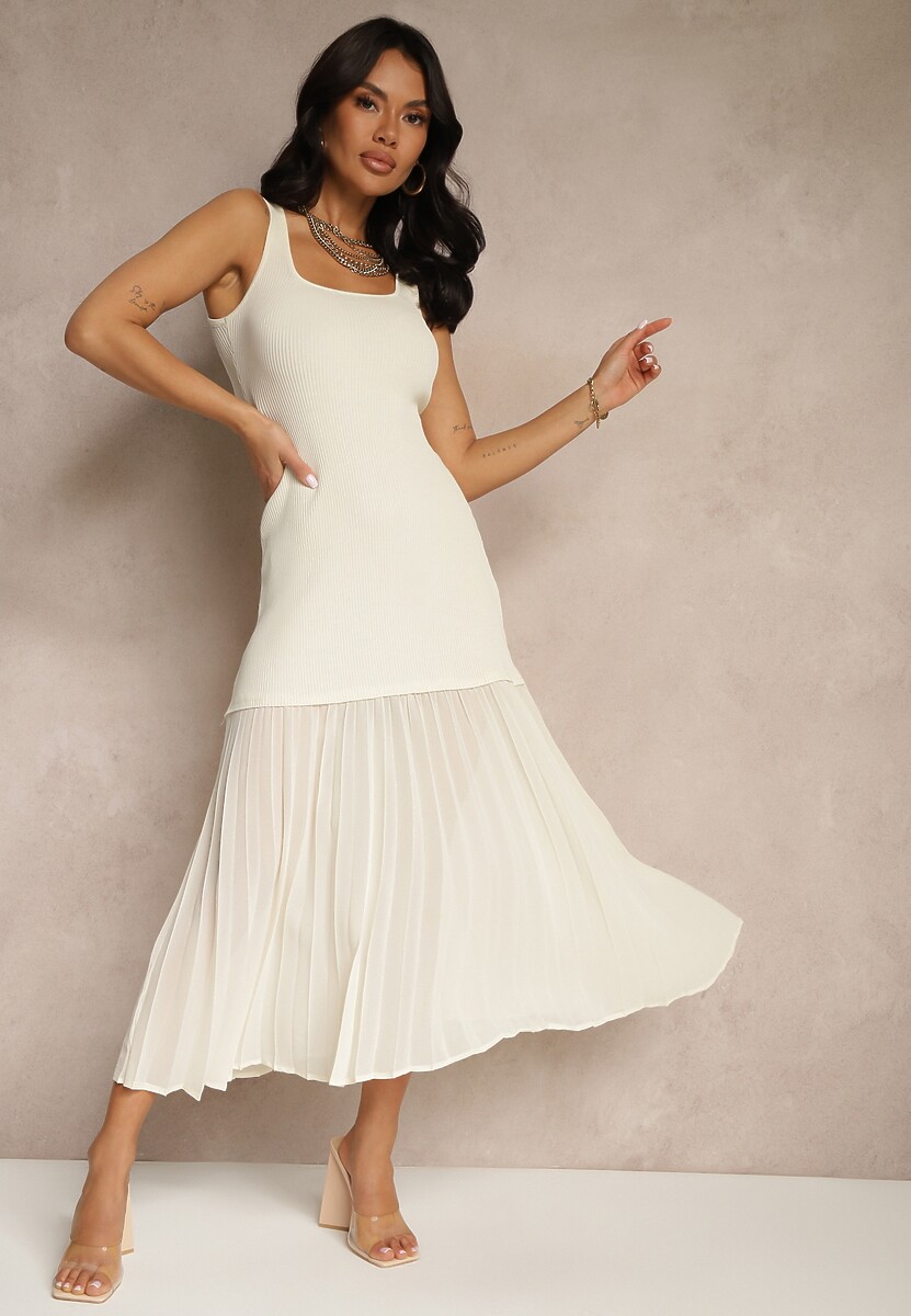 Beżowa Taliowana Sukienka na Ramiączkach z Prążkowanej Tkaniny z Tiulem Nolzedi