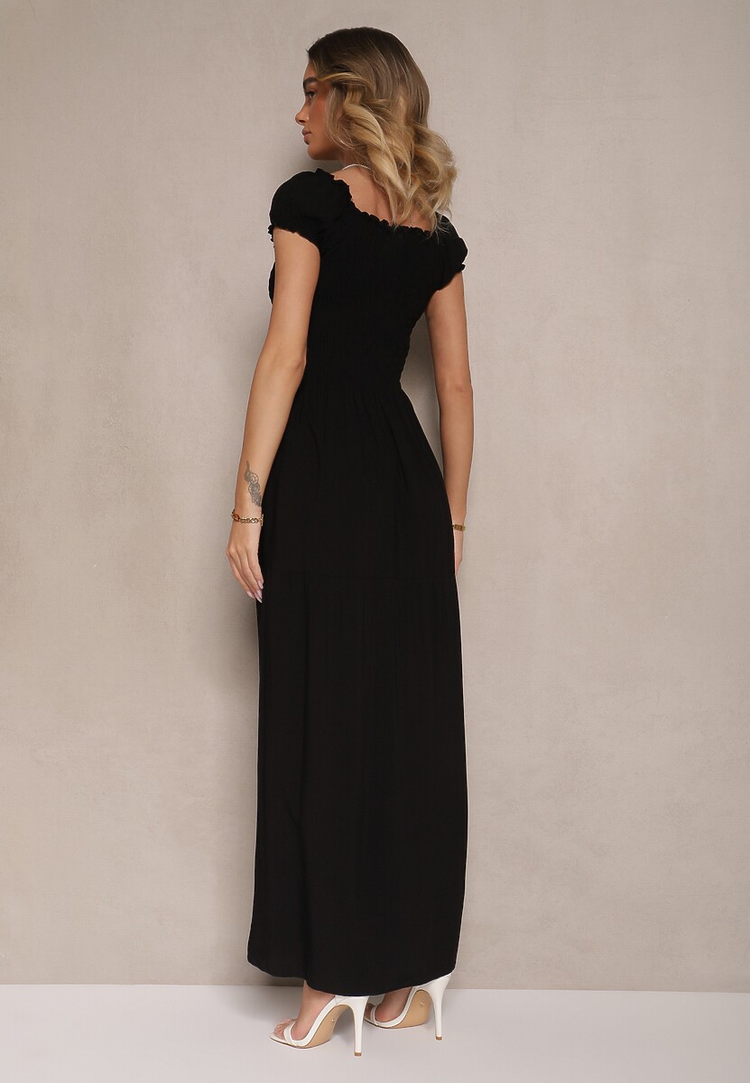 Czarna Sukienka z Wiskozy w Stylu Hiszpanki Ozdobiona Marszczeniem Jenalena