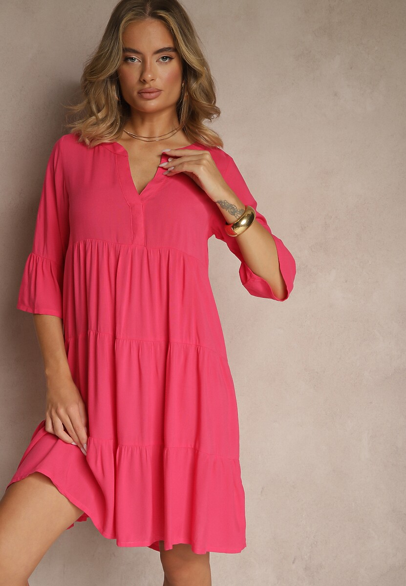 Ciemnoróżowa Wiskozowa Sukienka o Rozkloszowanym Kroju Ozdobiona Falbanami Lirione