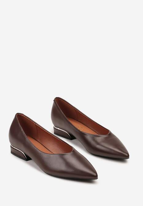 Brązowe Czółenka Vices ze Skórzaną Wkładką na Niskim Obcasie ze Zdobieniem Dakene