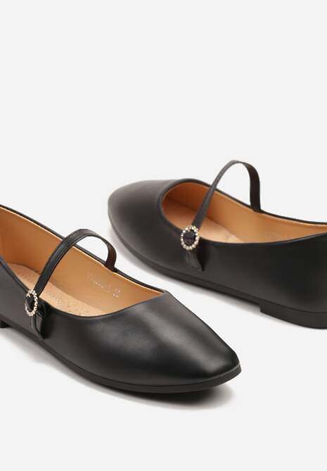 Czarne Balerinki Zapinane na Sprzączkę z Wkładką ze Skóry Derilia