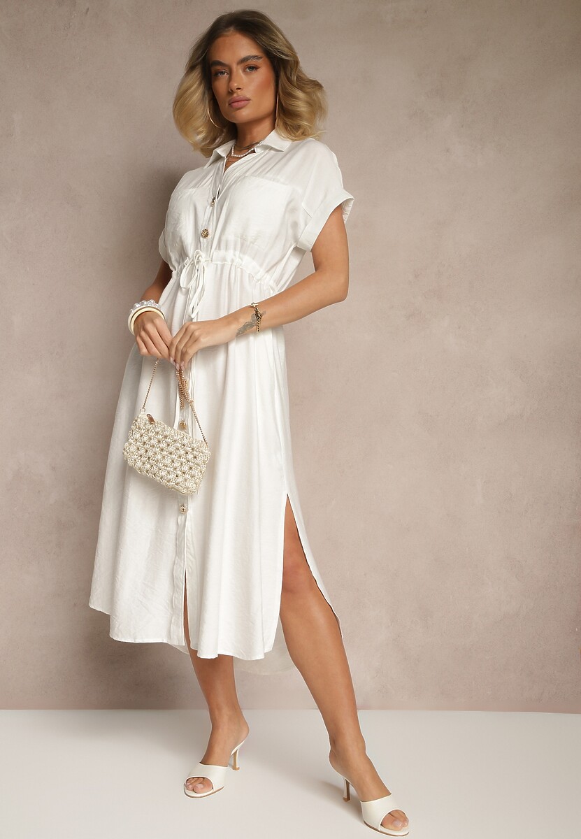 Biała Wiskozowa Sukienka Koszulowa z Guzikami i Wiązaniem w Talii Velazia