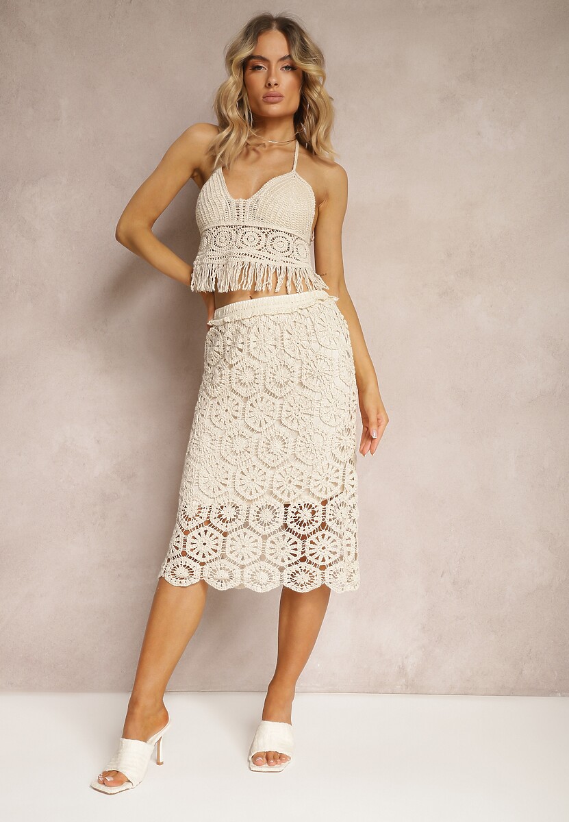 Beżowa Ażurowa Spódnica Ołówkowa z Gumką w Talii Iristi