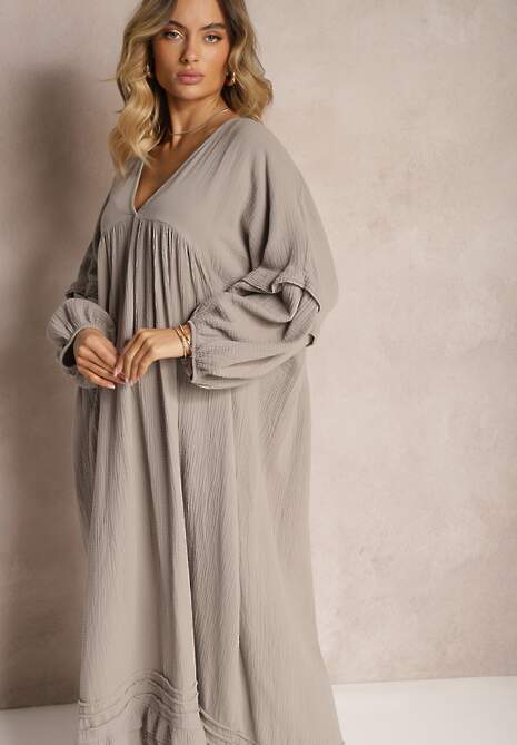 Ciemnobeżowa Muślinowa Trapezowa Sukienka z Bawełny Wykończona Falbaną i Ozdobnymi Rękawami Tanisea