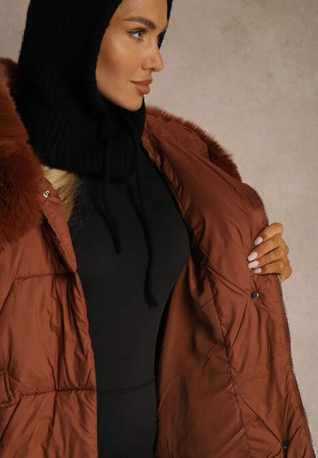 Brązowa Pudełkowa Kurtka Pikowana Ozdobiona Odpinanym Futerkiem i Suwakiem Hedizelle